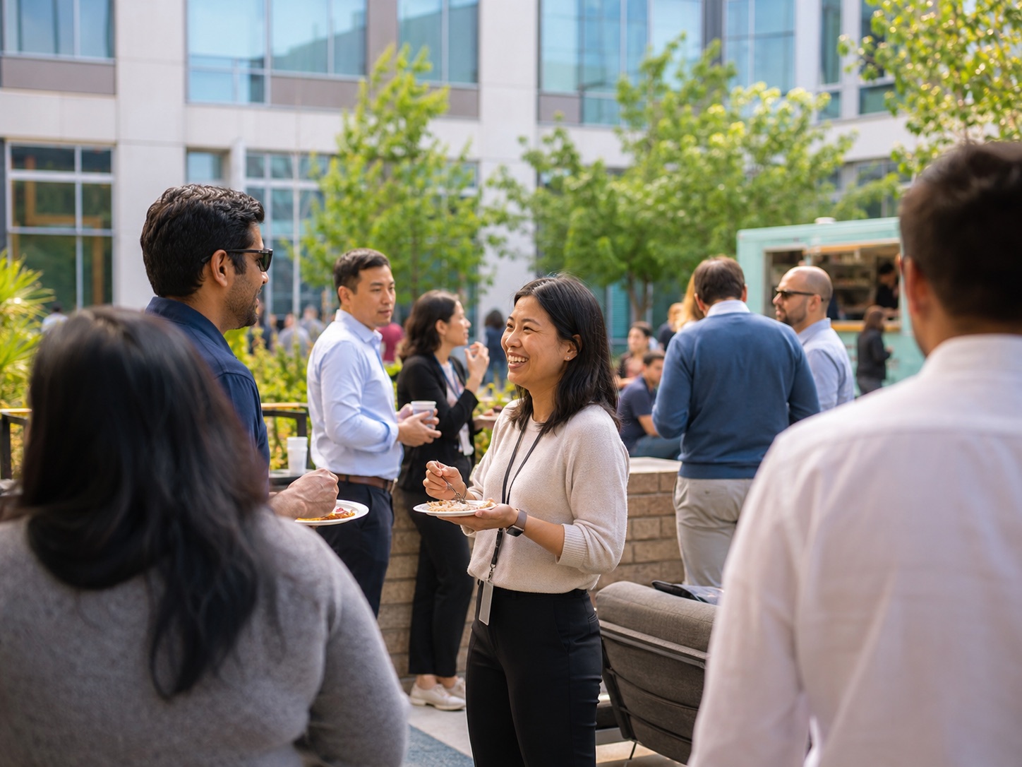 Professionals eating lunch in an office courtyard with a food truck nearby
