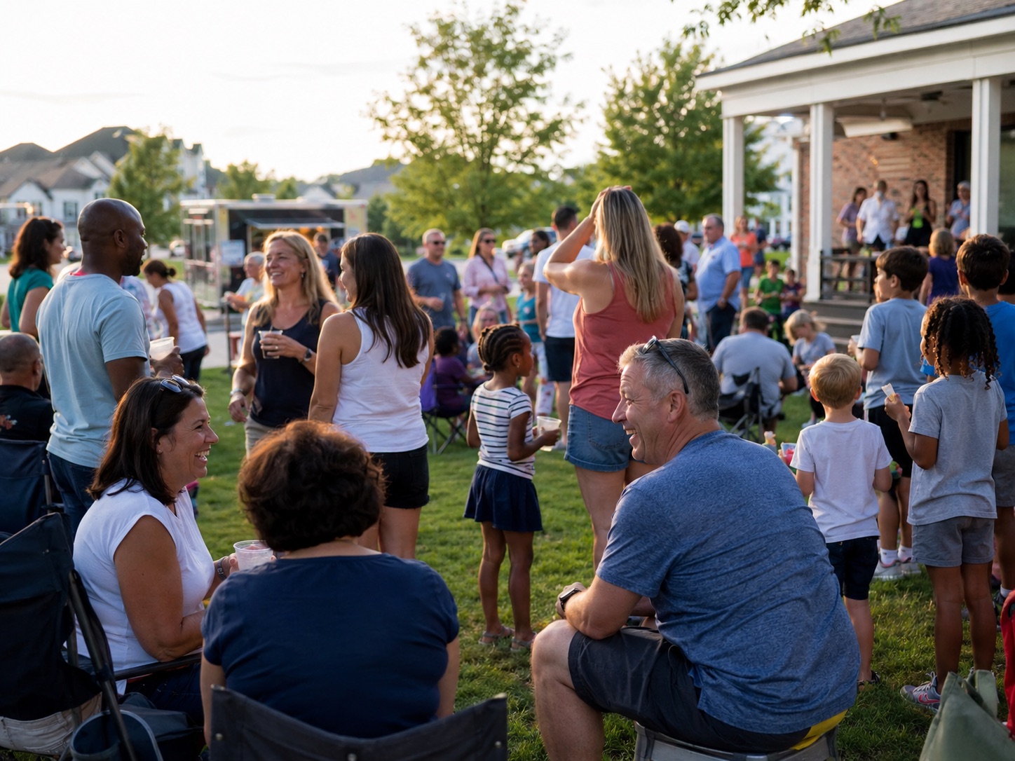 Neighbors gathered on a community green near a clubhouse and food truck
